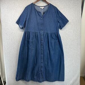 Woman Within Short-Sleeve Denim Dress Womens Size 22W Blue Button Front Pockets